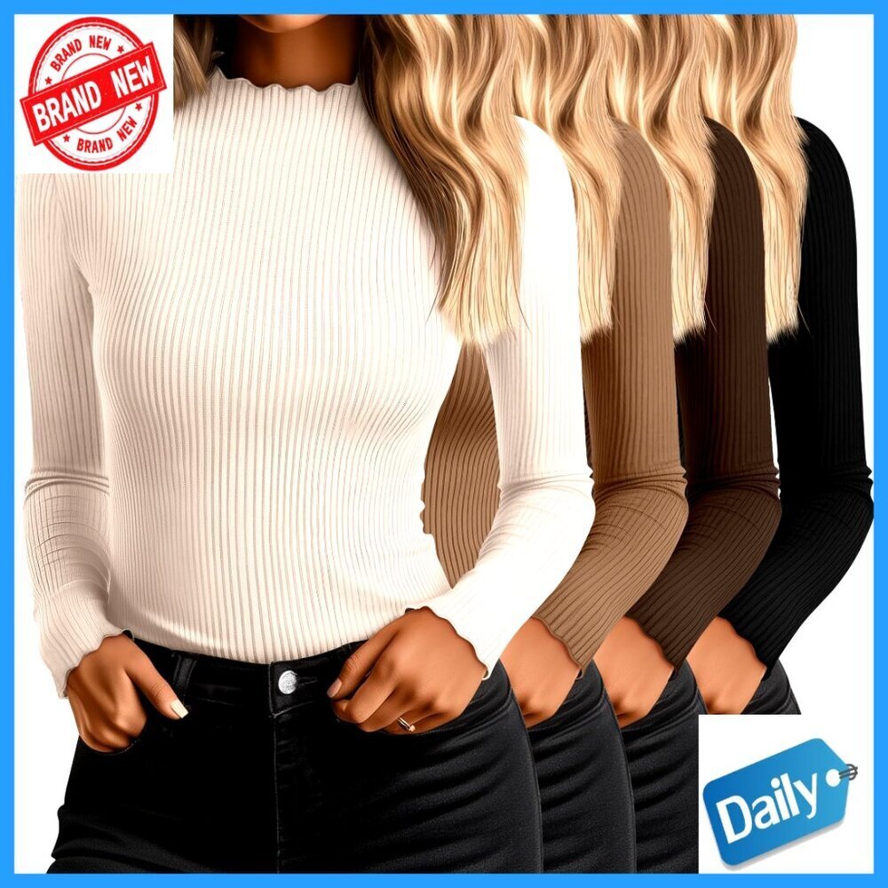 Women's Mock Turtleneck Long Sleeve Cotton Ribbed Tees Slim Fit 4-Pack